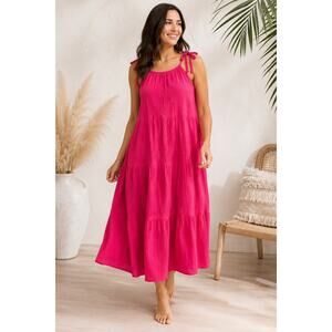 Hot Pink Cotton Gauze Tiered Maxi Dress Beach Resort L NWT 4our Dreamers
